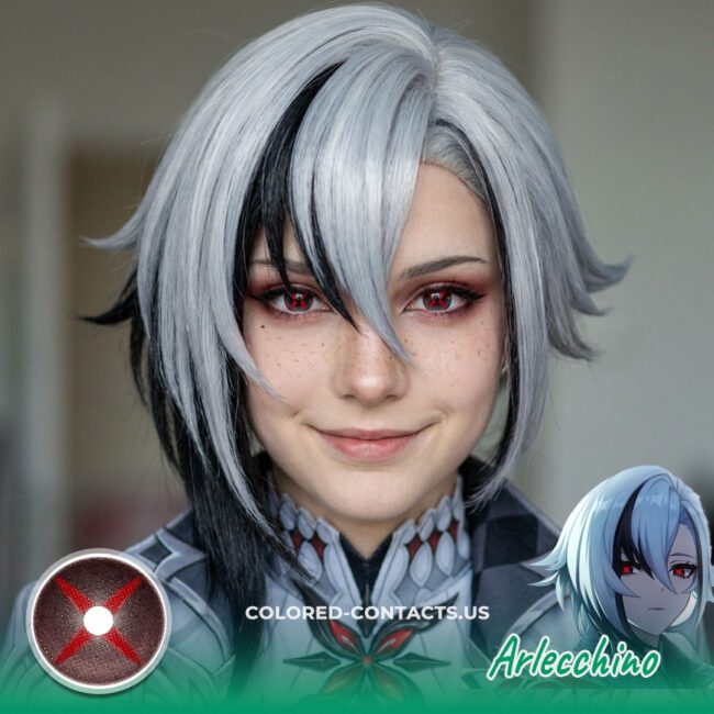 Arlecchino Cosplay Contact Lenses for a Black Lens with Red Cross-Shaped Pupils
