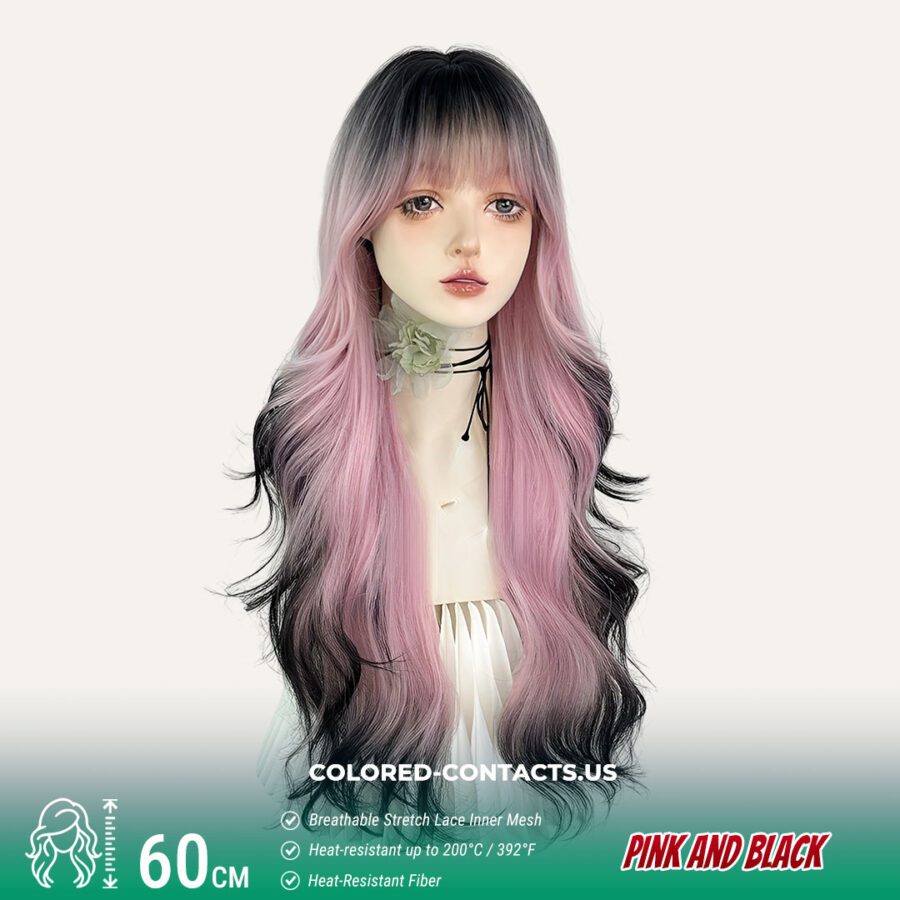 Split-Color Long Wavy Wig - Pink And Black