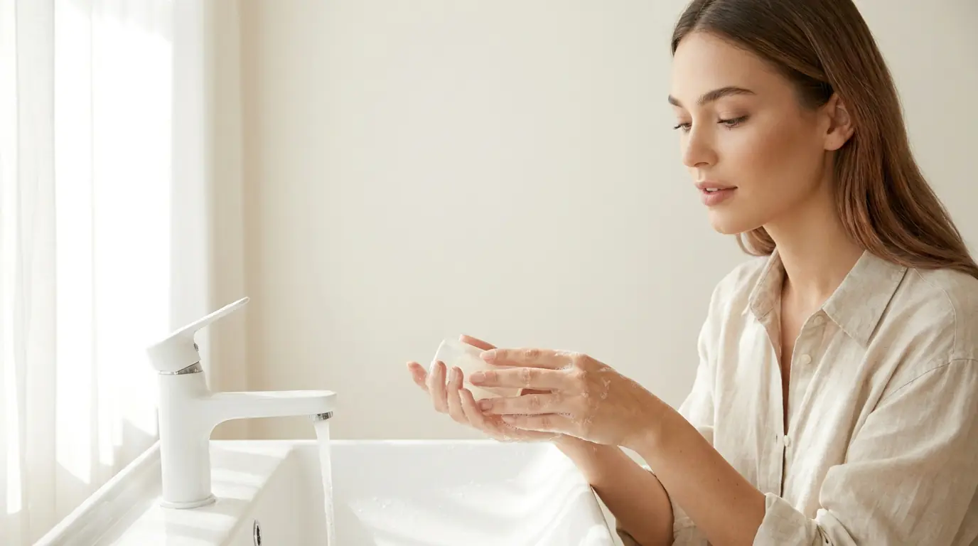 Young Woman Washing Her Hands With Plain Soap Before Putting In Colored Contact Lenses
