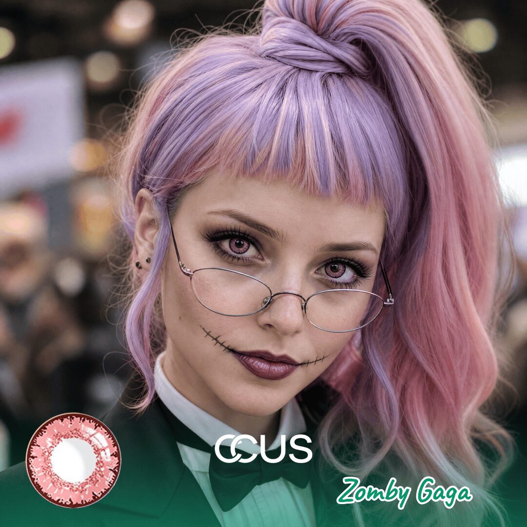 Zomby Gaga cosplay portrait wearing soft pink patterned contact lenses.