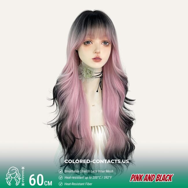 Split-Color Long Wavy Wig - Pink And Black