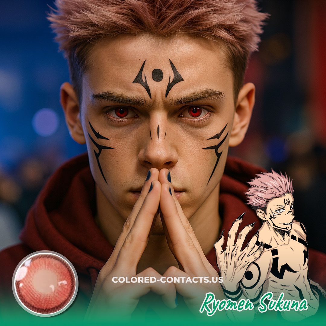 Model Wearing Ryomen Sukuna Cosplay Contact Lenses
