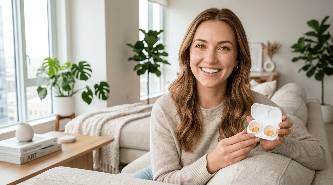 Young Woman Holding A Contact Lens Case With Ccus Honey-Brown Colored Lenses