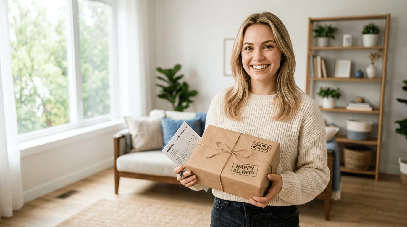 Shipping Policy - Ccus Eyewear · Premium Colored Contacts Happy Young Woman Holding A Shipping Box With Colored Contact Lenses