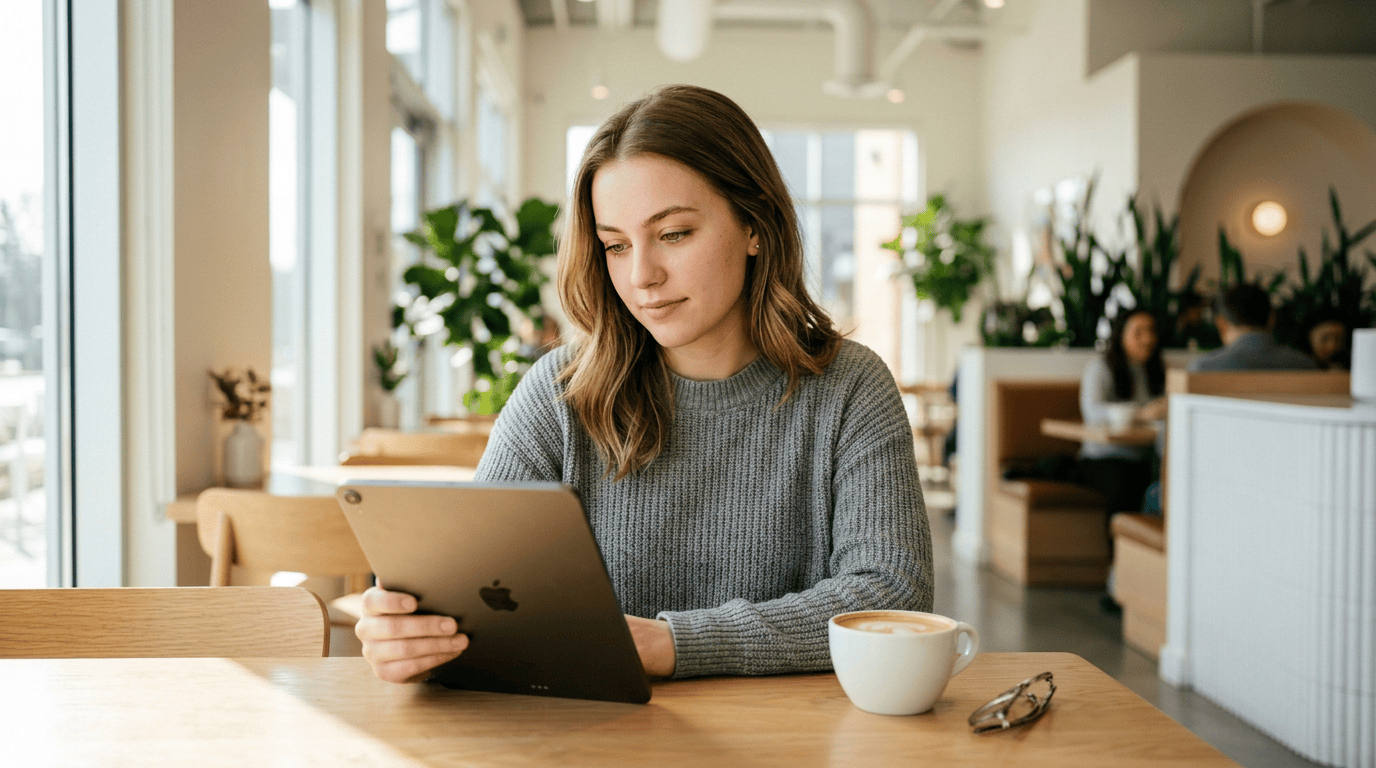 Terms Of Service - Ccus Eyewear · Premium Colored Contacts Young Woman Reading A Document On A Tablet In A Bright Cafe