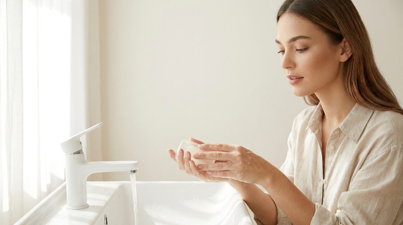 Young Woman Washing Her Hands With Plain Soap Before Putting In Colored Contact Lenses