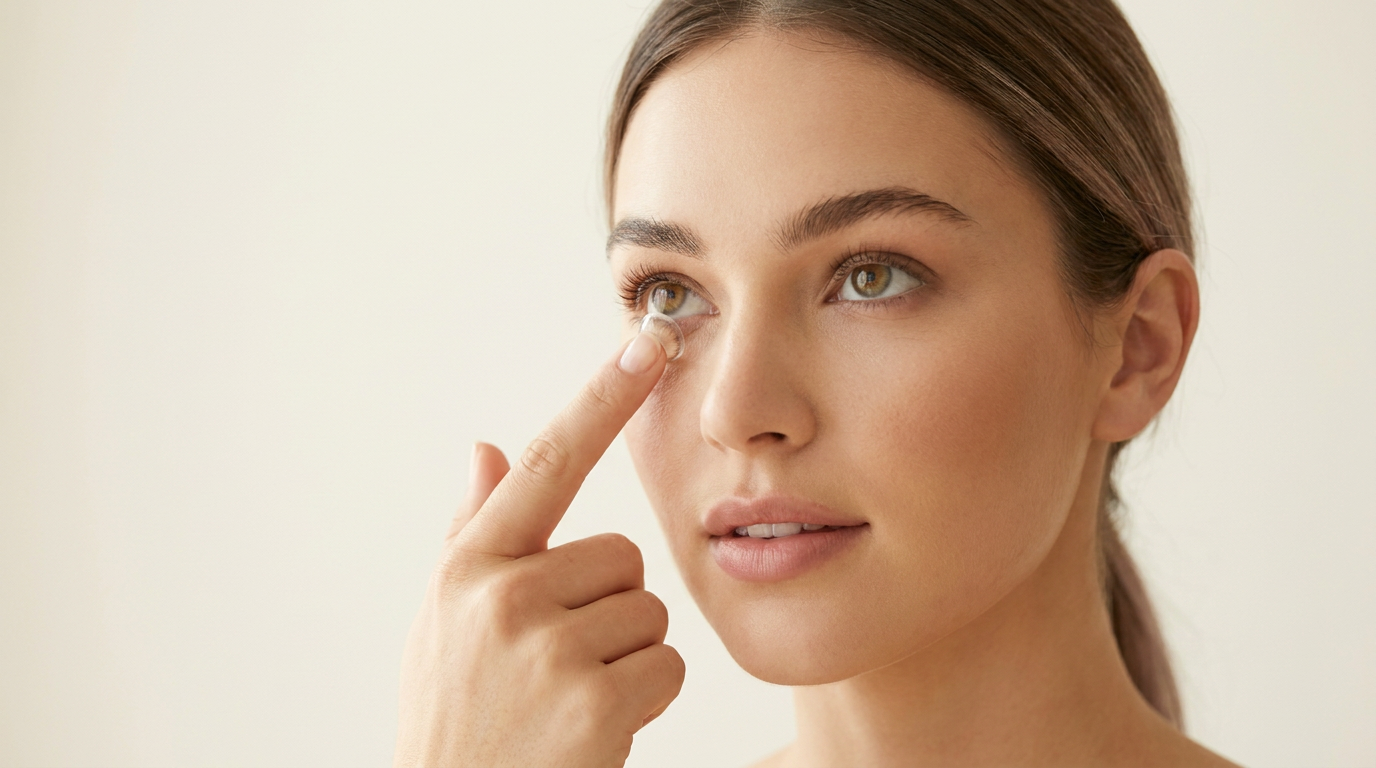 Looking Up And Gently Placing The Colored Contact Lens Onto The Eye